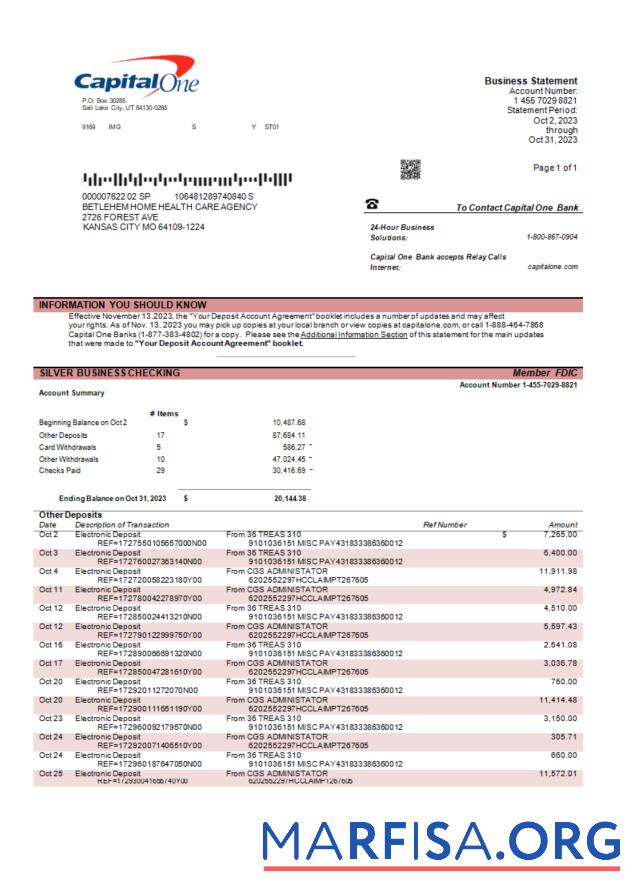 Printable Capital One bank corporate account statement Word and PDF template